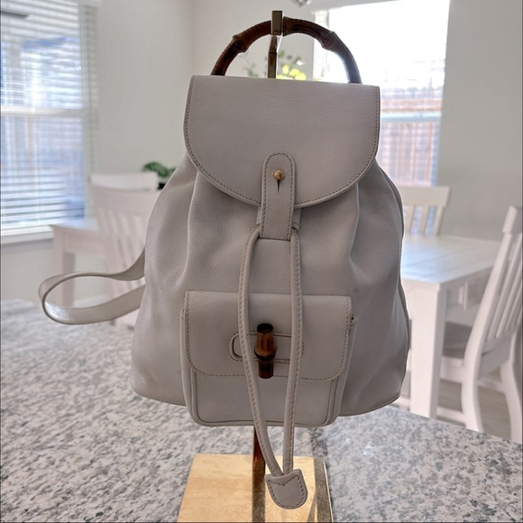 Gucci White Leather Drawstring Backpack Bag w/ Bamboo Handle (Backpack) - Picture 1 of 17